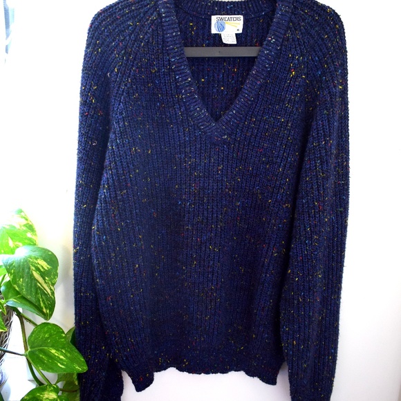 Vintage Sweaters - Vintage Oversized Blue Knit V Neck Sweater Size XL